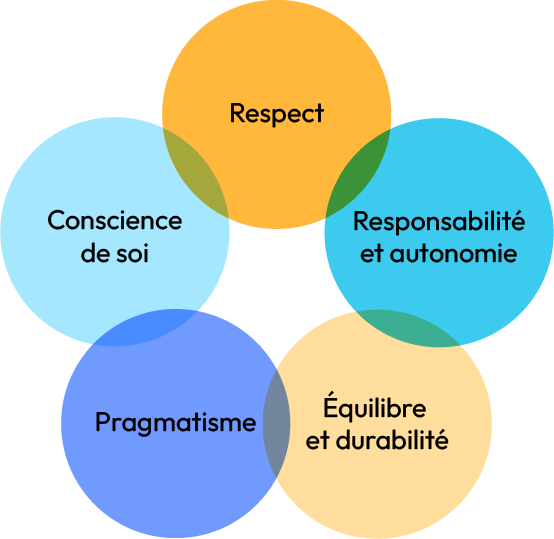 Schéma composé de cinq cercles colorés contenant chacun une valeur : respect, conscience de soi, responsabilité et autonomie, pragmatisme, équilibre et durabilité