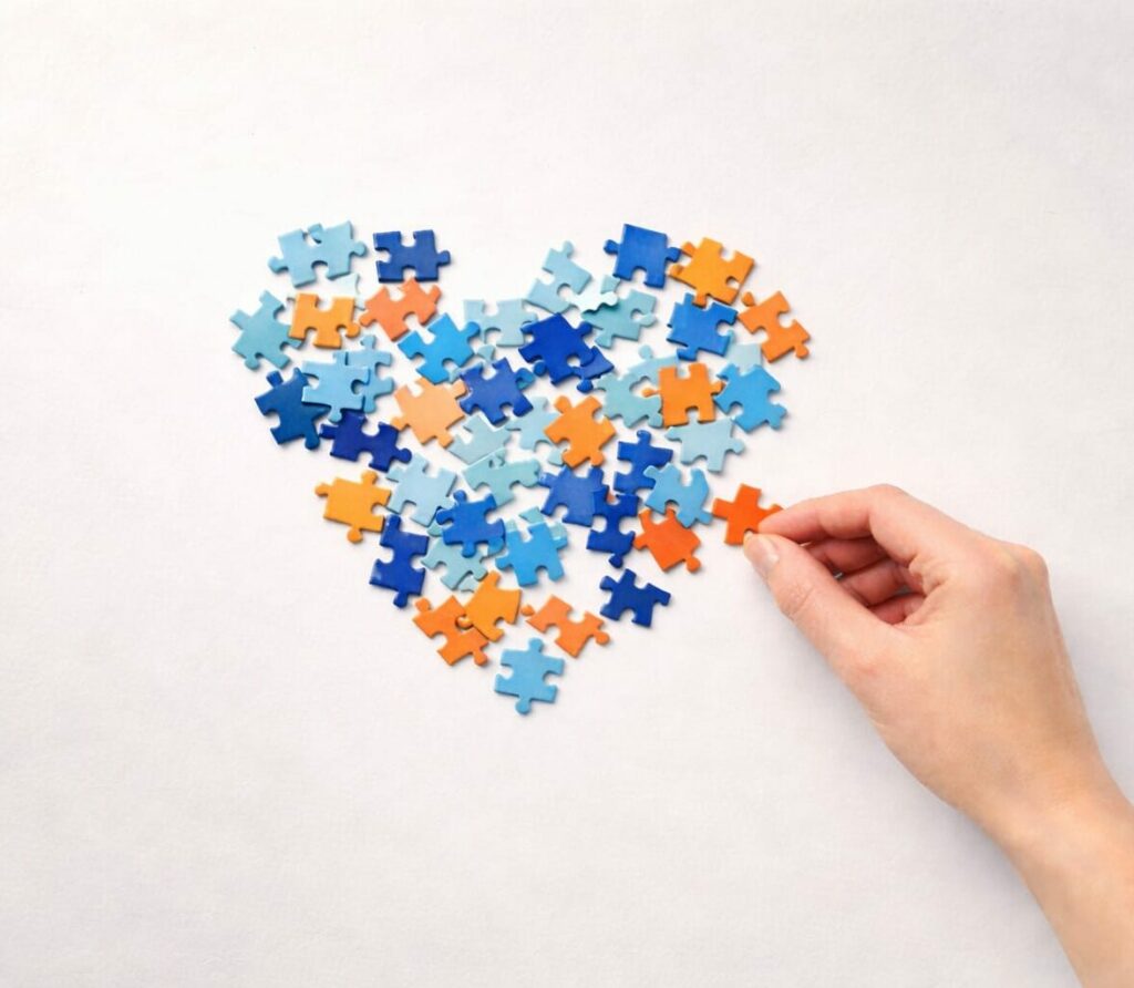 Image d'une main qui forme un cœur avec des pièces de puzzle